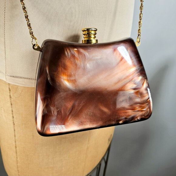 Vintage Brown Marbled Acrylic Box Clutch with Gold Chain Strap - Picture 11 of 16